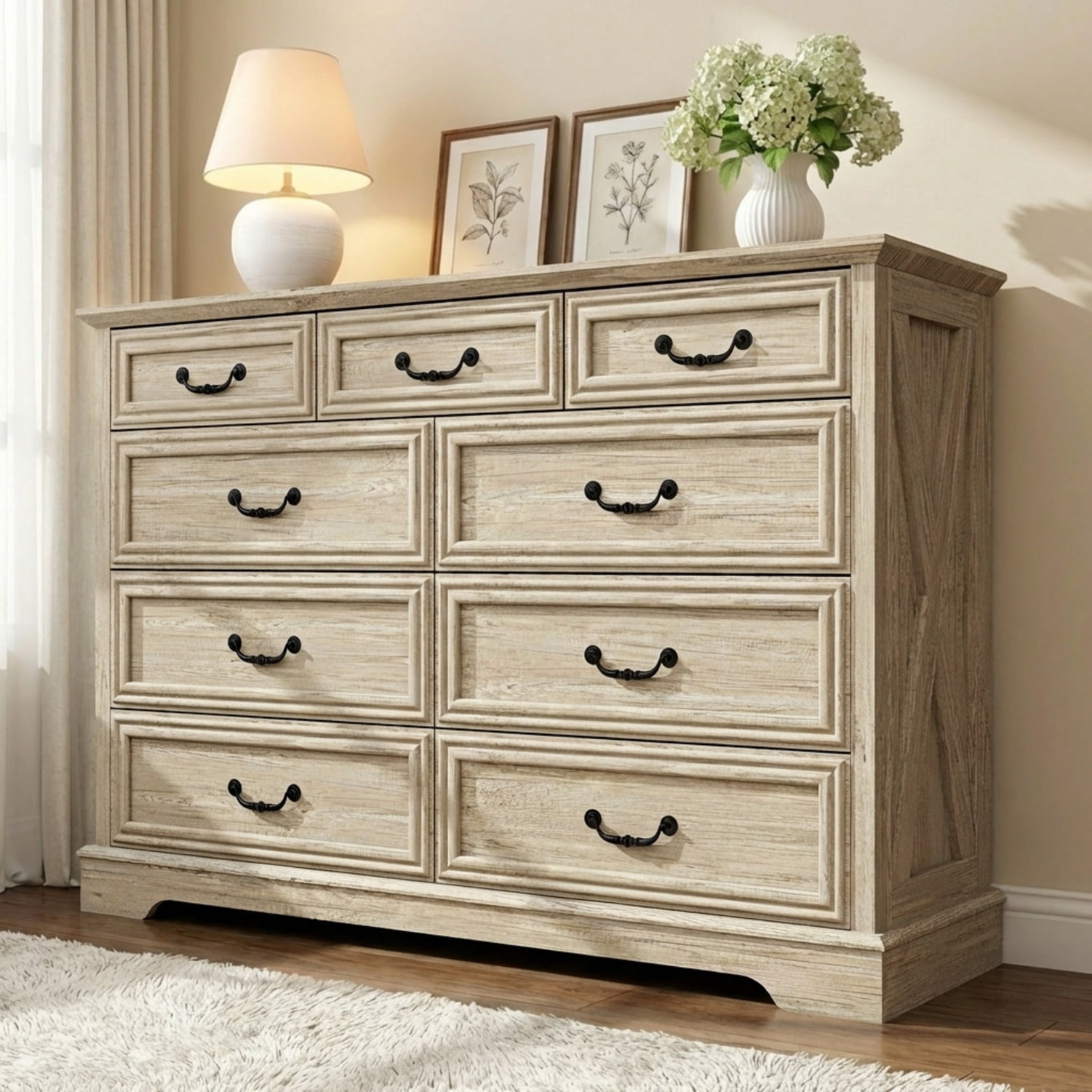 Farmhouse 9-Drawer Dresser, Rustic Wood Chest of Drawers with Large Storage, Natural Oak