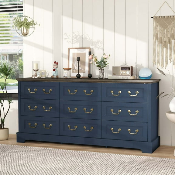 Farmhouse Drawer Dresser With 9 Storage 62.9W Dresser Of Chest For Bedroom,Living,Hallway Navy Blue