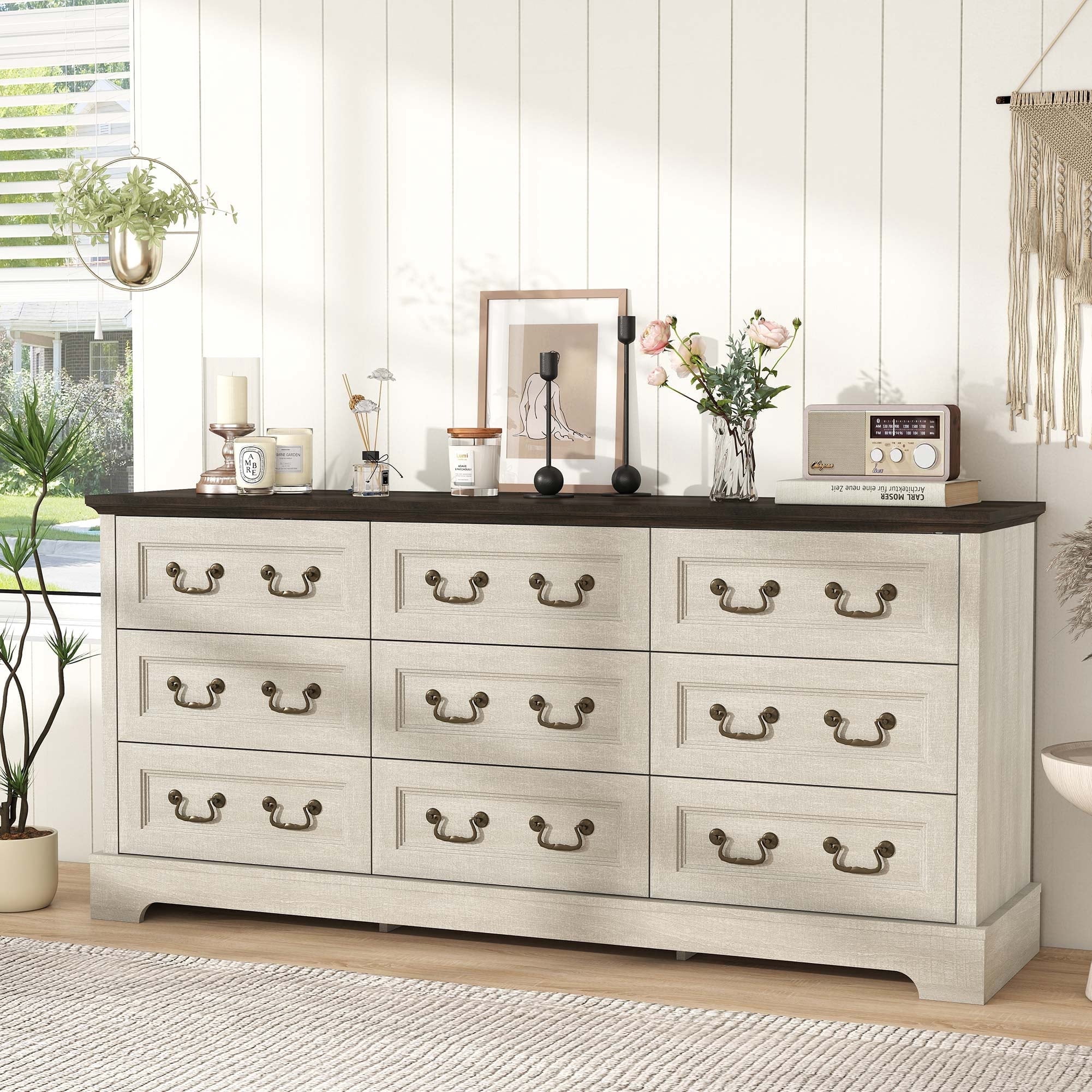 Farmhouse 9-Drawer Dresser, 62.9" Storage Chest for Bedroom, Living Room & Hallway, Gray