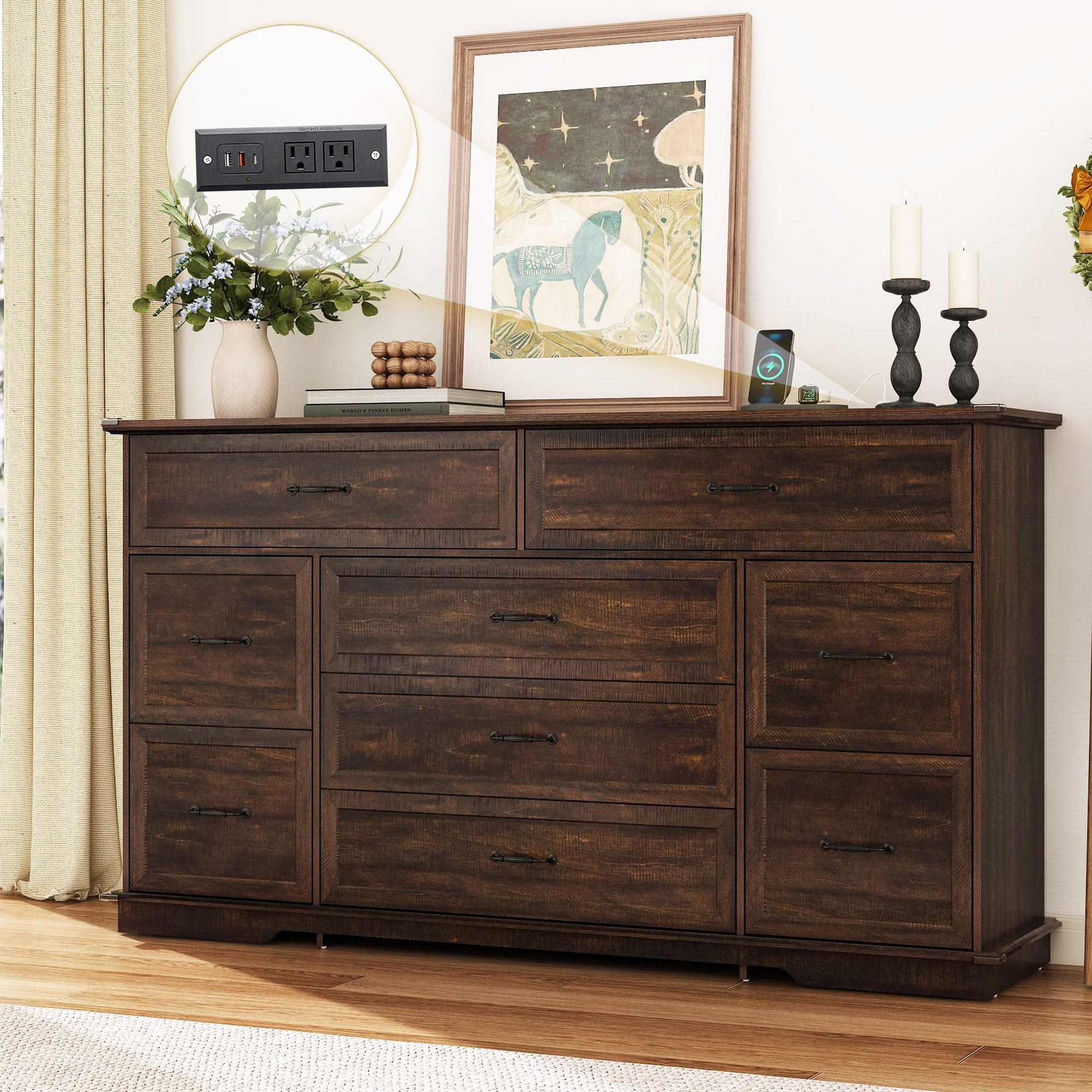 63" Farmhouse Dresser with 9 Drawers with Power Charging Station ...