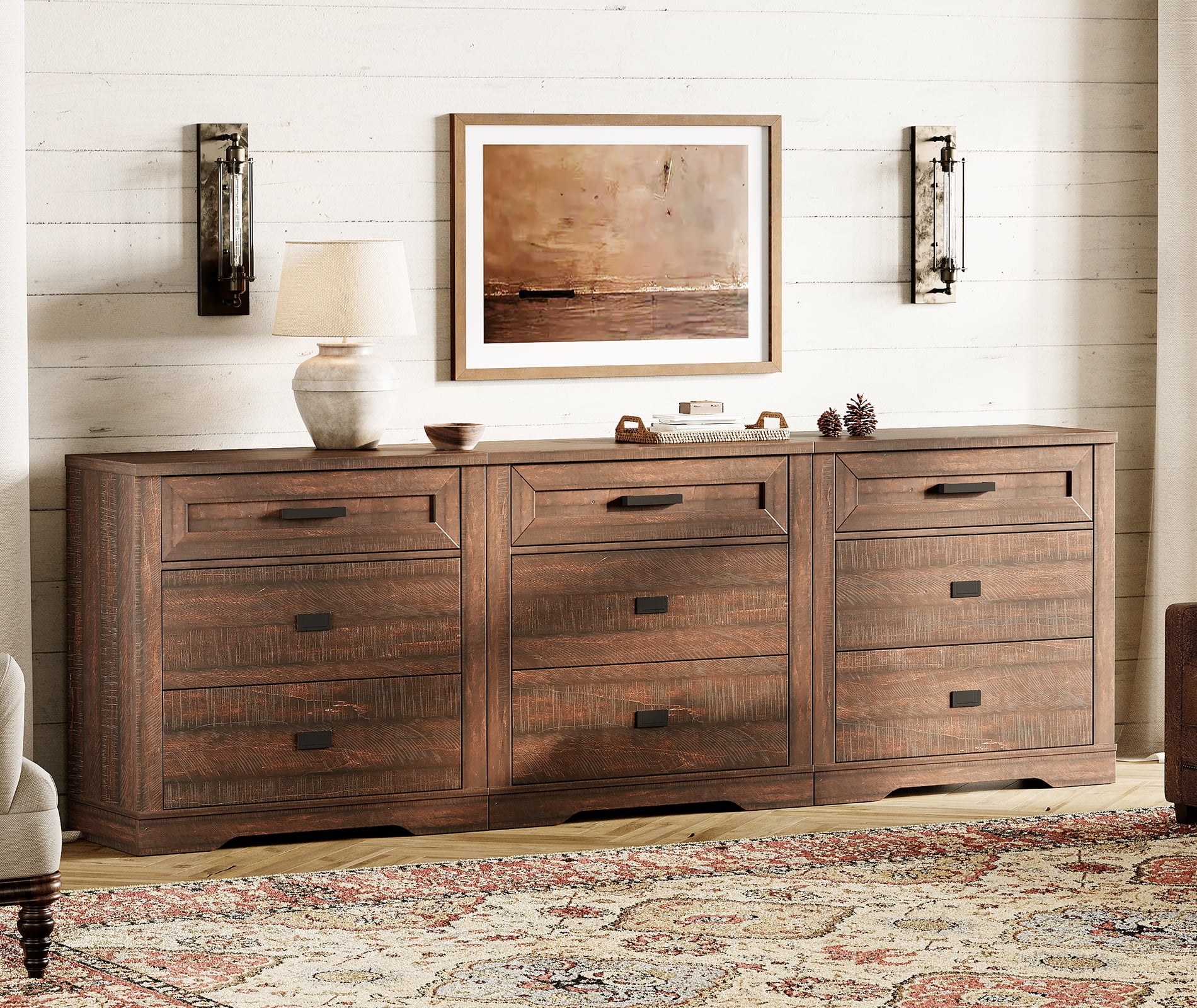 Wampat Farmhouse 9 Drawer Dresser 94 inch Wooden Storage Organizer ...