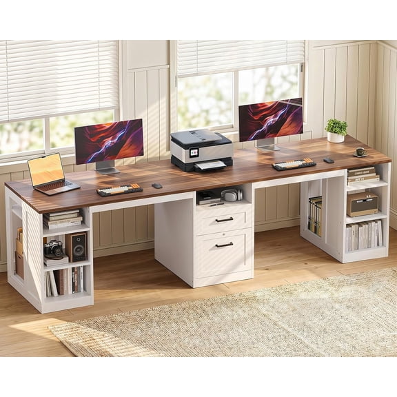 Farmhouse 95.3" Two-Person Computer Desk, Walnut+White, Workspace with Drawers, Storage Cabinets, Printer Space, Home Office Writing Workstation