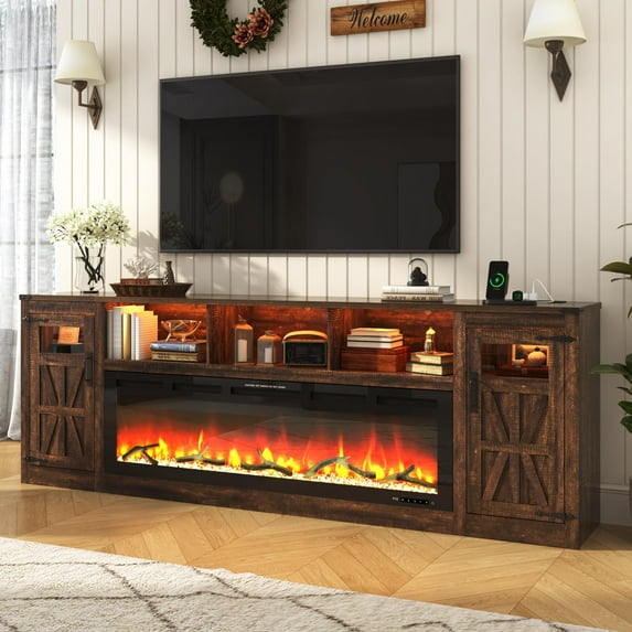 Blotout 95" Fireplace TV Stand for TVs up to 100" with 60" Electric Fireplace, Large Farmhous Media Entertainment Center w/LED Lights/Power Outlets & Barn Doors Storage Cabinet for Living Room,Brown