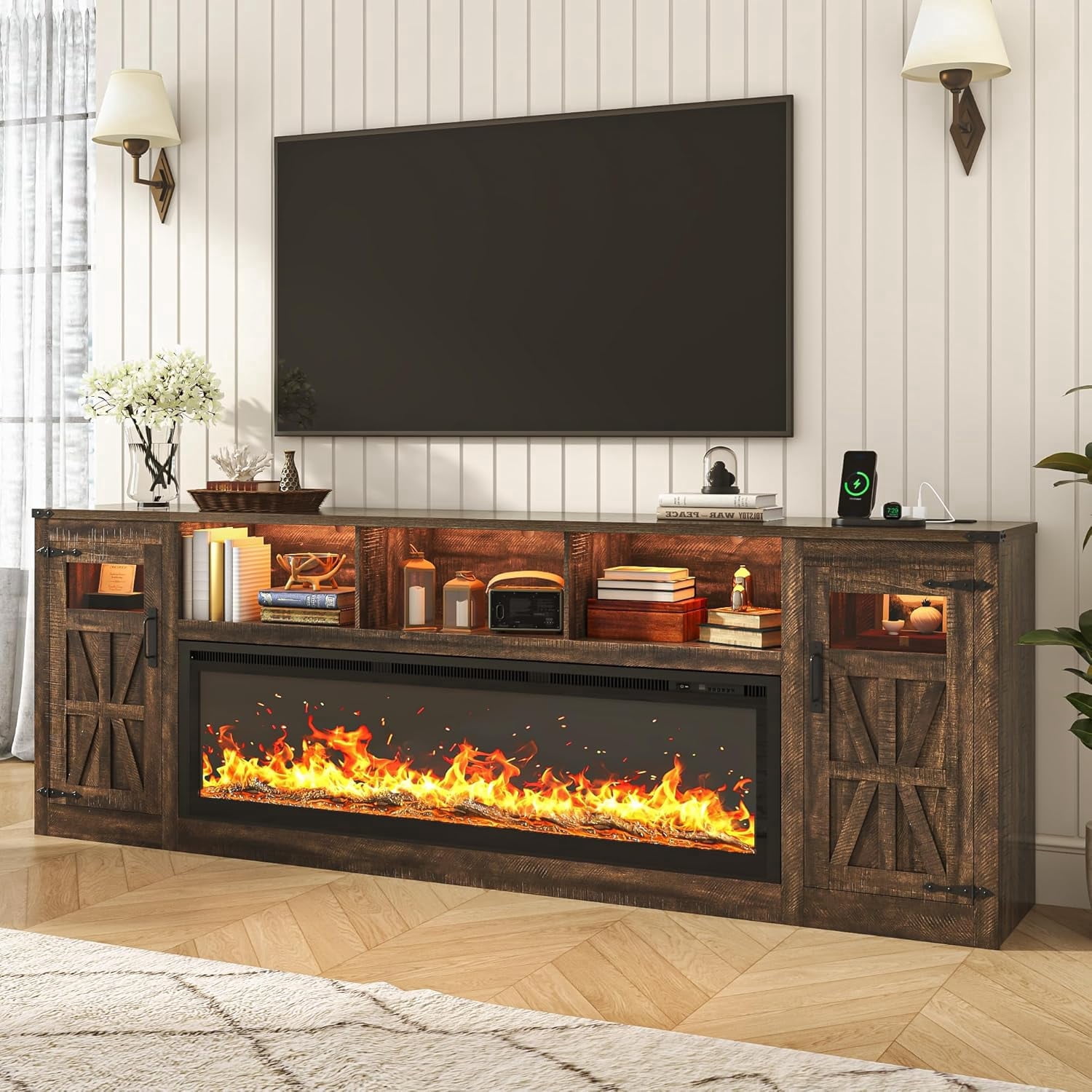 Blotout 95" Fireplace TV Stand for TVs up to 100" with 60" Electric Fireplace, Large Farmhous Media Entertainment Center w/LED Lights/Power Outlets & Barn Doors Storage Cabinet for Living Room,Brown