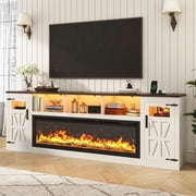 Blotout 95" Fireplace TV Stand for TVs up to 100" with 60" Electric Fireplace, Large Farmhous Media Entertainment Center w/LED Lights/Power Outlets & Barn Doors