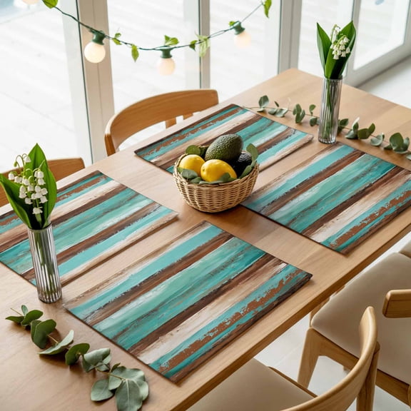 Farmhouse Abstract Teal Brown Wooden Grain Placemats Set of 4,Wipeable Washable Table Mats for Dining Tables, Watercolor Style Place Mats for Kitchen Event Party Tabletop Decor