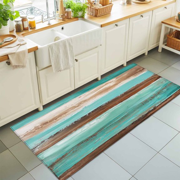 Farmhouse Abstract Teal Brown Wooden Grain Rectangle Area Rug 2x6ft,Living Room Rug Non-Slip Washable Circle Rugs Pad,Watercolor Style Soft Floor Carpet for Bedroom Dining Room