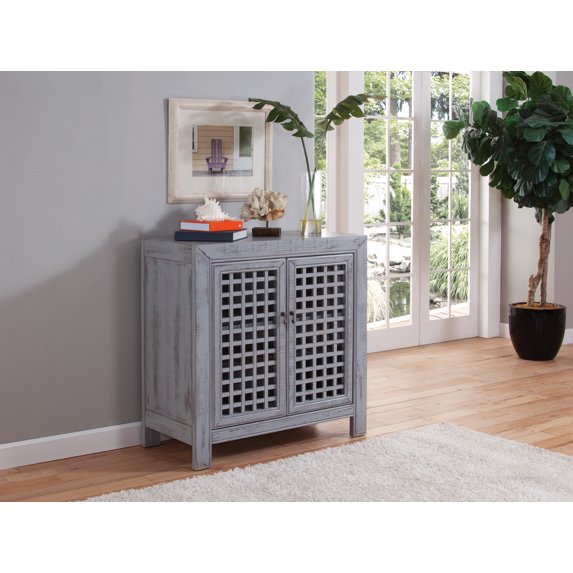Farmhouse Accent Cabinet with Lattice Doors - Grey Distressed Finish, Rustic Storage