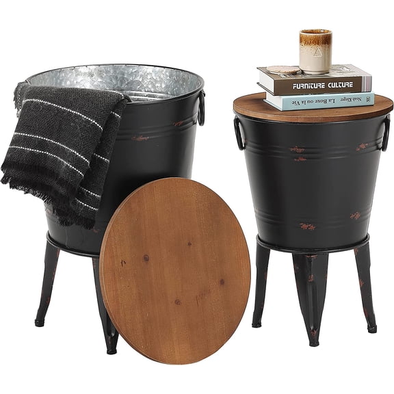 Farmhouse Accent Side Table, Antique Galvanized Metal End Coffee Cocktail Table Box Bin with Round Wooden Lid Set of 2 (Black)