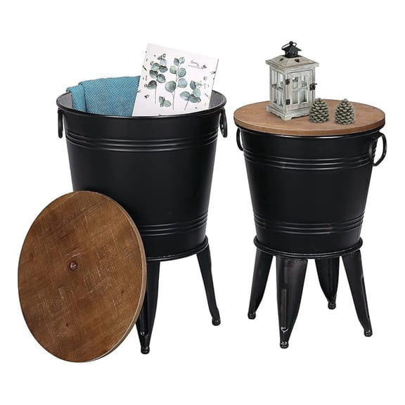 Farmhouse Accent Side Table, Rustic Antique Galvanized End Coffee or Cocktail Table, Storage Metal Bin with Round Wood Lid Set of 2 (Black)