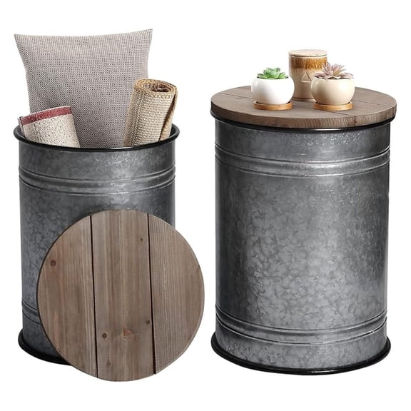 Farmhouse Accent Side Table, Rustic Storage Ottoman Seat Stool, Galvanized Antique Metal End Table Box Bin with Round Wood Lid, Coffee or Cocktail Table, Nesting Pieces Two(Pure Galvanized)