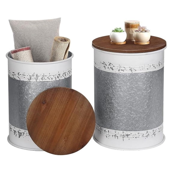 Farmhouse Accent Side Table, Rustic Storage Ottoman Seat Stool, Galvanized Antique Metal End Table Box Bin with Round Wood Lid, Coffee or Cocktail Table, Nesting Pieces Two (White Distressed)