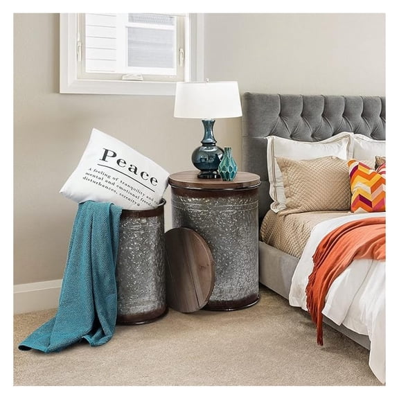 Farmhouse Accent Side Table, Rustic Storage Ottoman Seat Stool, Galvanized Antique Metal End Table Box Bin with Round Wood Lid, Coffee or Cocktail Table, Nesting Pieces Two (Galvanized)