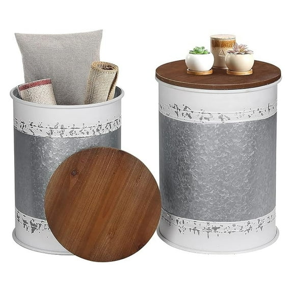 Farmhouse Accent Side Table, Rustic Storage Ottoman Seat Stool, Galvanized Antique Metal End Table Box Bin with Round Wood Lid, Coffee or Cocktail Table, Nesting Pieces Two (White Distressed)