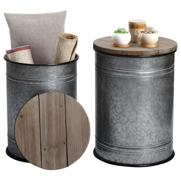 Farmhouse Accent Side Table, Rustic Storage Ottoman Seat Stool, Galvanized Antique Metal End Table Box Bin with Round Wood Lid, Coffee or Cocktail Table, Nesting Pieces Two (Pure Galvanized)