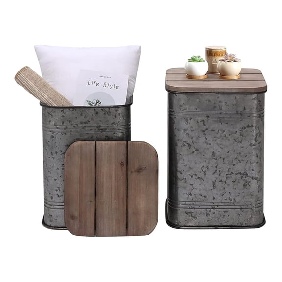 Farmhouse Accent Side Table, Rustic Storage Ottoman Seat Stool, Galvanized Antique Metal End Table Box Bin with Square Wood Lid, Nesting Pieces Two (Square&Galvanized)