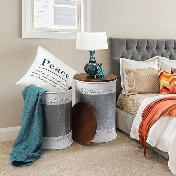 Farmhouse Accent Side Table, Rustic Storage Ottoman Seat Stool, Galvanized Antique Metal End Table Box Bin with Wood Lid, Coffee or Cocktail Table,Nesting Pieces Two