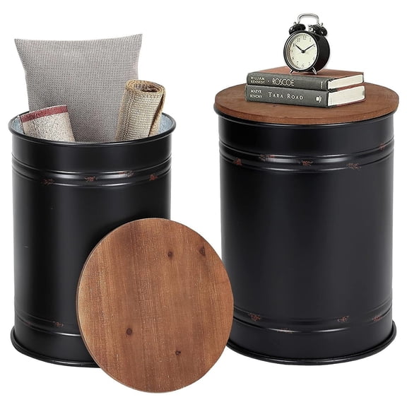 Farmhouse Accent Side Table, Set of 2 Galvanized Storage Ottoman