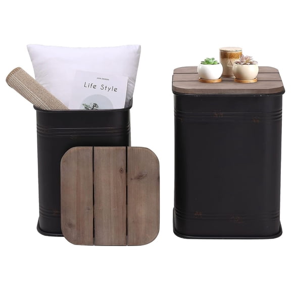 Farmhouse Accent Side Table, Set of 2 Galvanized Storage Ottoman