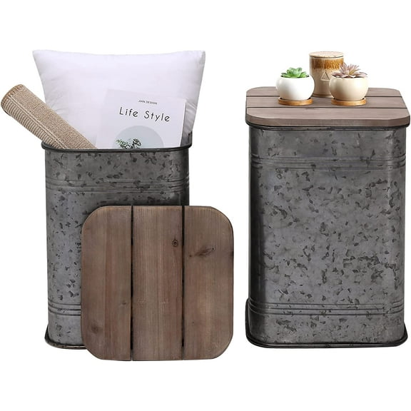 Farmhouse Accent Side Table with Rustic Storage Ottoman, Galvanized Metal End Table, Wood Lid, Nesting Square Stool Set of 2