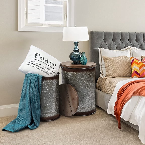 Farmhouse Accent Side Table with Rustic Storage Ottoman, Galvanized Metal End Table with Wood Lid, Coffee or Cocktail Stool, Nesting Set of Two