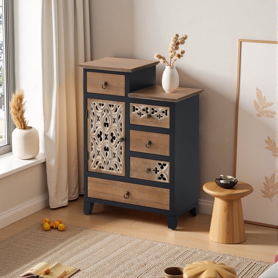 Farmhouse Accent Storage Cabinet with Drawer and Door, Rustic Two-Tone Wood Dresser-Style Side Cabinet with Carved Cutout Panels for Living Room, Bedroom or Small Spaces