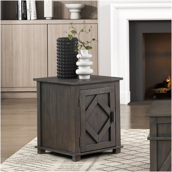 Farmhouse Adjustable Shelf End Table with Barn Door, No Assembly Required Rustic Brown Side Table