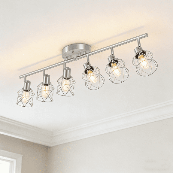 Farmhouse Adjustable Track Heads 4-Light Brushed Nickel Flush Mount Lights with Metal Cage Shade