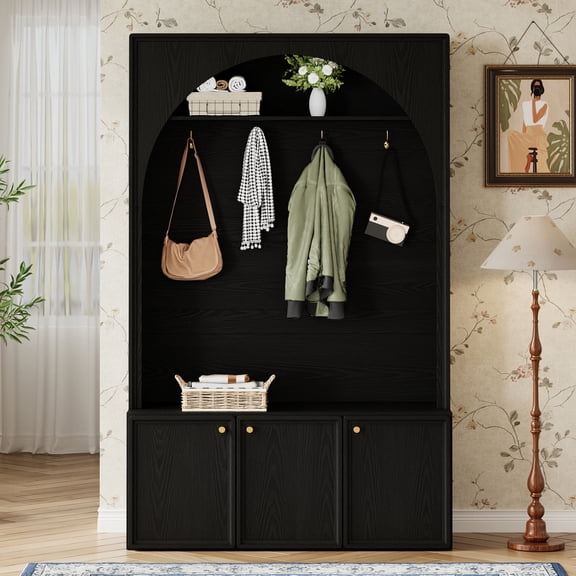 Farmhouse All-in-One Hall Tree with Adjustable Shelves, Retro Arched Entryway Storage Bench with 3 Cabinets, Wooden Coat Rack with 4 Golden Hooks, for Mudroom, Hallway, Black