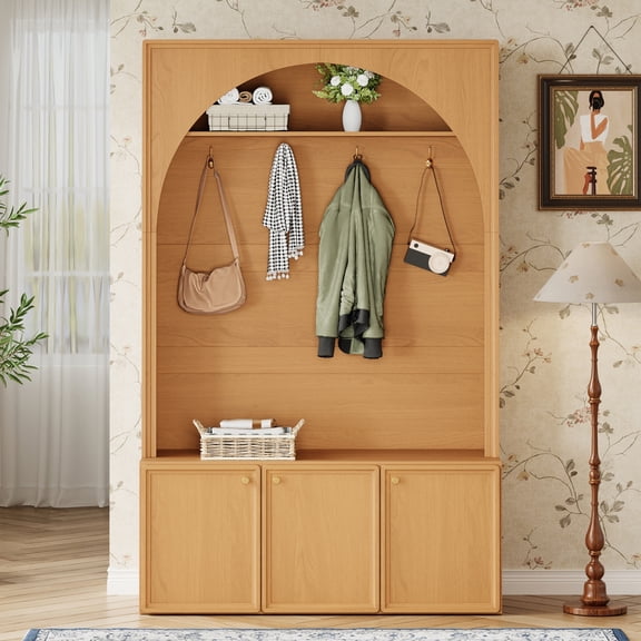Farmhouse All-in-One Hall Tree with Adjustable Shelves, Retro Arched Entryway Storage Bench with 3 Cabinets, Wooden Coat Rack with 4 Golden Hooks, for Mudroom, Hallway, Natural/Teak