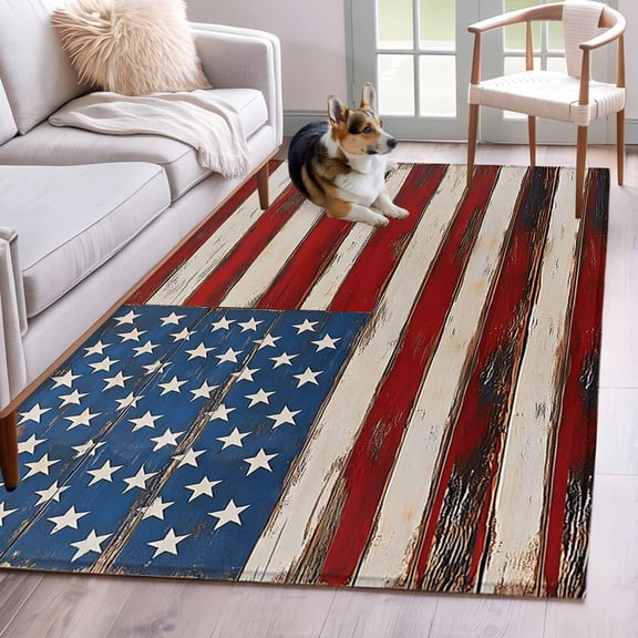 Farmhouse American Flag Area Rug 3x5 FT, Non Slip Entryway Bedside Carpet, Blue Red USA Flag Vintage Washable Soft Floor Carpet Indoor Mat Non-Shedding Throw Rugs for Dorm Kitchen Home Office