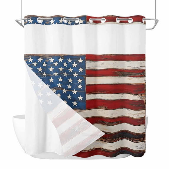 Farmhouse American Flag No Hook Shower Curtain Waterproof, Bathroom Curtains with Snap in Liners and See Through Top Window, Blue Red USA Flag Vintage Hotel Style Bathtub Curtains Shower 72"Wx72"L