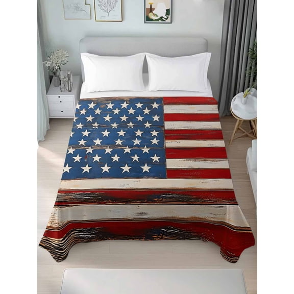 Farmhouse American Flag King Size Flat Sheet, Wrinkleproof & Fadeproof Cooling Flat Bed Sheet Only, Blue Red USA Flag Vintage Breathable Soft Bedding Top Sheets 105 x 98 Inches