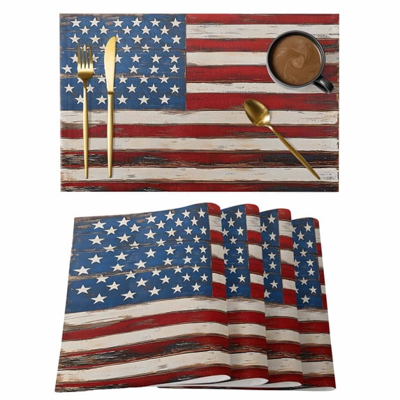 Farmhouse American Flag Placemats Set of 8 Blue Red USA Flag Vintage Place Mats Indoor Wipeable Table Mats Washable Cloth Dining Table Placemats for Kitchen Holiday Party Home Decor 13x19 Inch