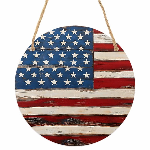 Farmhouse American Flag Round Front Door Welcome Sign, 7.8 Inch Wall Hanging Decor for Indoor Outdoor, Blue Red USA Flag Vintage Home Porch Hanger Decorations for Holiday Gift