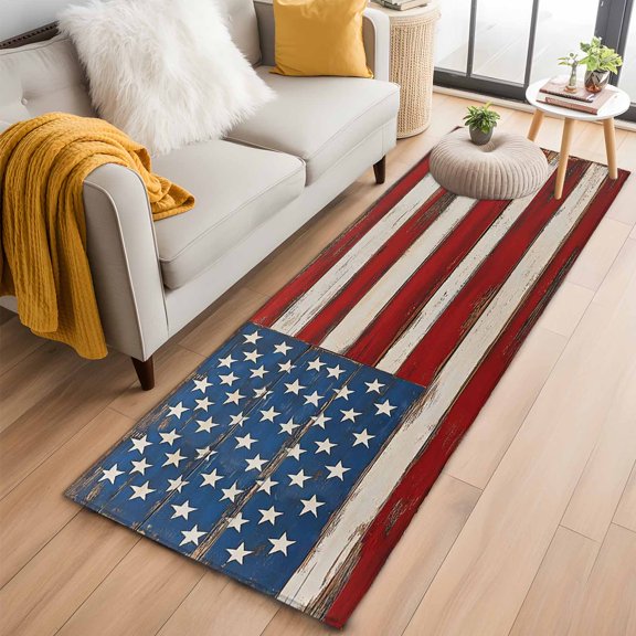 Farmhouse American Flag Runner Rug 2x6 FT,Non Slip Hallway Rugs,Blue Red USA Flag Vintage Washable Soft Floor Carpet Throw Runner Carpet Long Rugs for Entryway Kitchen Bedside Sliding Door