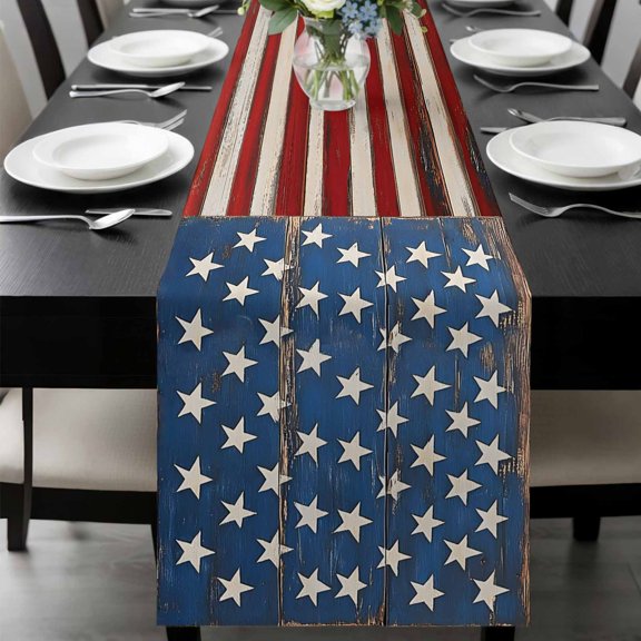 Farmhouse American Flag Table Runner 48 Inches Long, Blue Red USA Flag Vintage Kitchen Coffee Dining Table Decoration for Home Party Birthday Wedding Home Decor 13x48 Inches
