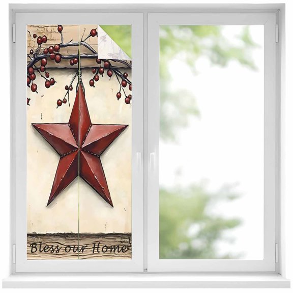 Farmhouse American Window Privacy Film 17.7x39.3in Country Star Berries Vintage Wood Grain Decorative Window Film with Static Cling, UV Filtering Window Cling Privacy Film for Glass Doors and Windows