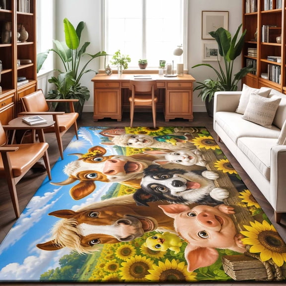 Farmhouse Animal 8'x10' Area Rug for Living Room Sectional Sofa, Cow Horse Alpaca Pig Sunflower Rustic Washable Non Slip Large Rectangle Area Rug