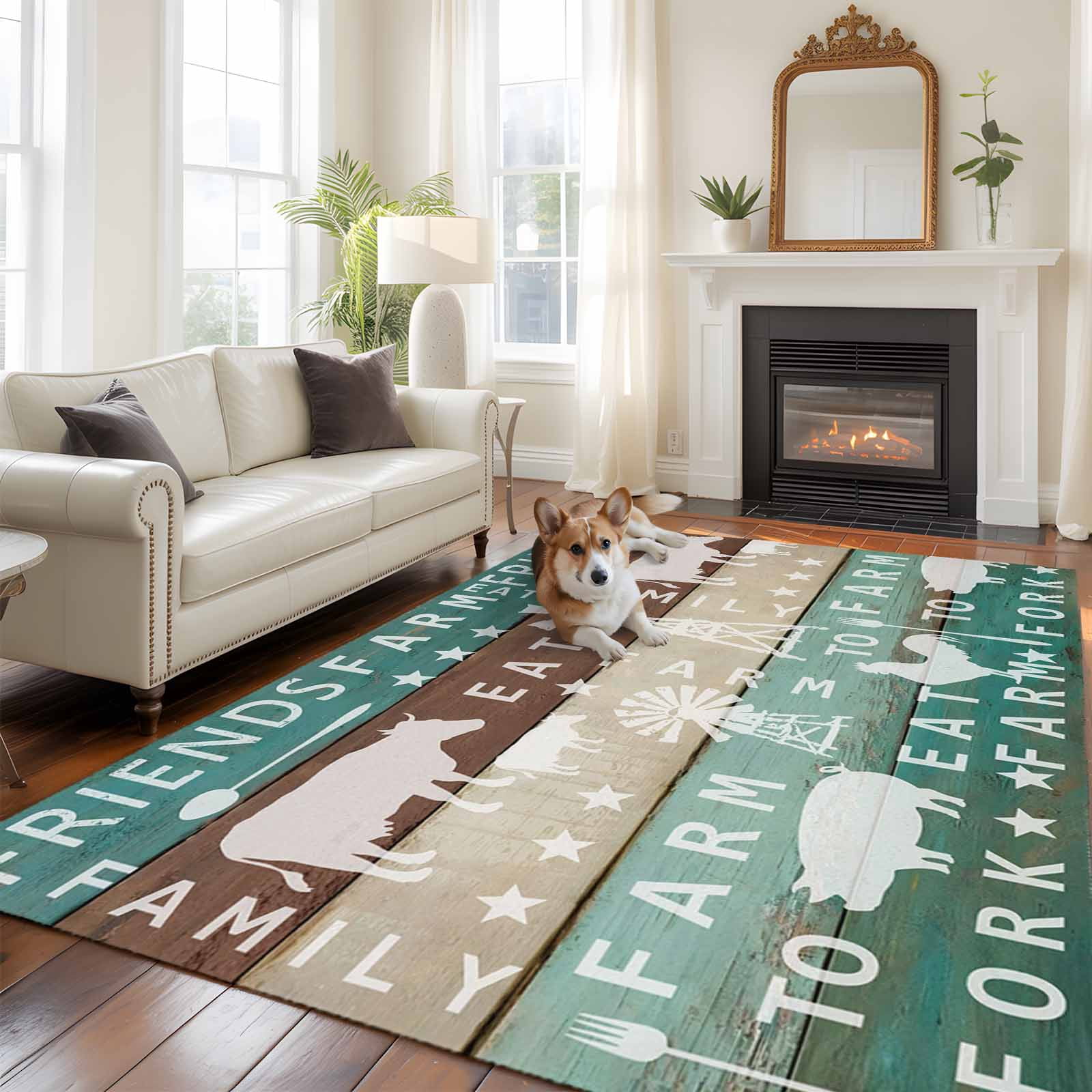 Farmhouse Animal Area Rugs 5x7 ft Chicken Cow Pig Windmills Teal Wood ...