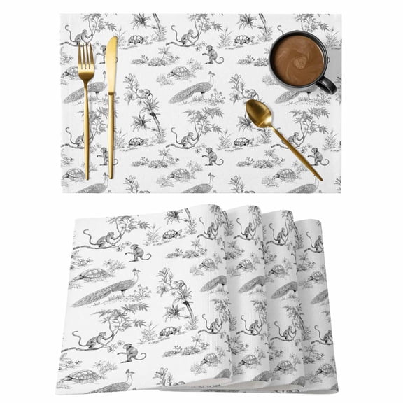 Farmhouse Animal Cotton Linen Placemats Set of 2, Rustic Plant Turtle Monkey Silhouette Abstract Tree Washable Table Place Mats Heat Insulating Placemat for Dining Room Kitchen Daily Use 13 x 19 Inch