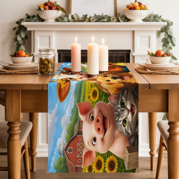 Farmhouse Animal Dining Table Runner, Cow Puppy Duck Pig Rooster Barn Rustic Washable Table Runners Kitchen Coffee Table Center Decor for Home Party Holiday Wedding 13 x 72 Inches