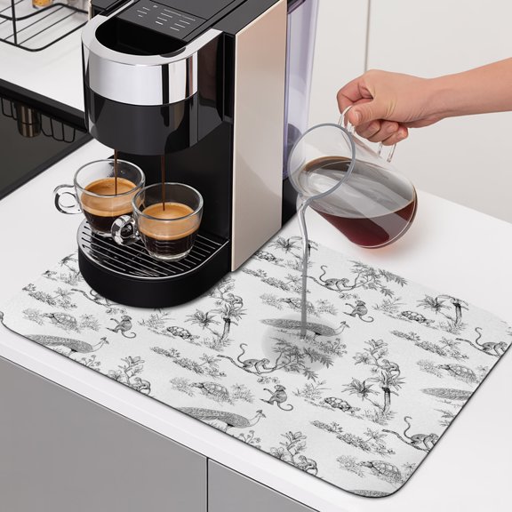 Farmhouse Animal Dish Drying Mats for Kitchen Counter, Rustic Plant Turtle Monkey Silhouette Abstract Tree Absorbent Coffee Bar Mat with Non-slip Rubber Backed Quick Drying Dish Rack Pad 16"x18"