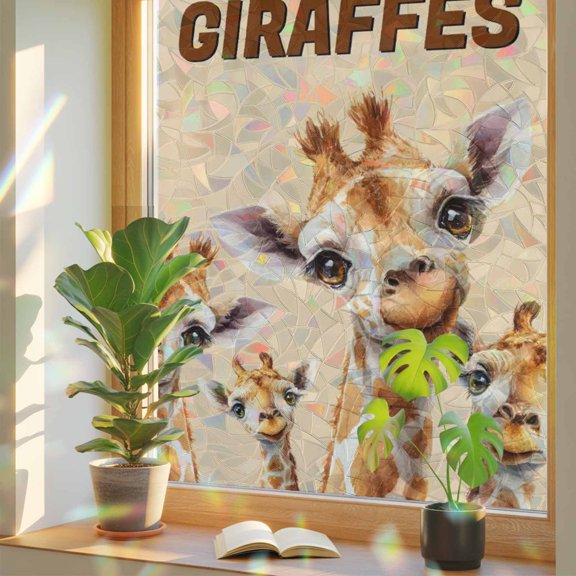 Farmhouse Animal Giraffe Window Privacy Film, Rainbow Film Decorative Window Sticker 17.7x39.3in, Rustic Farm Theme Sun Blocking Static Stained Glass Cling Tint Non-Adhesive