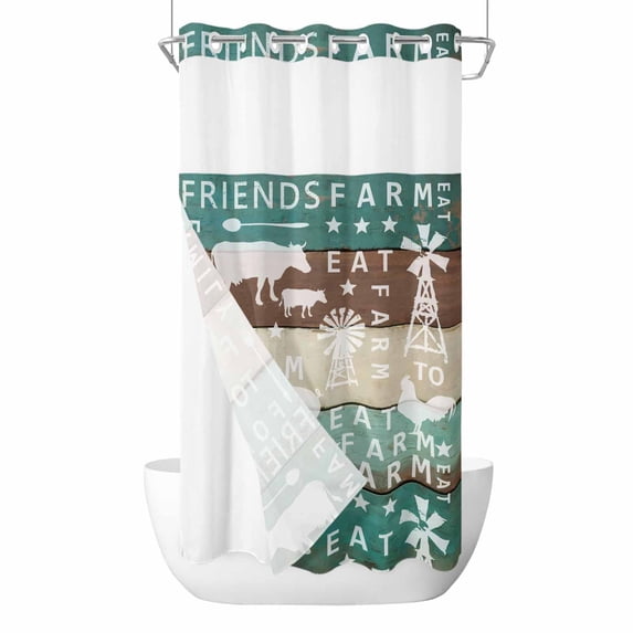 Farmhouse Animal No Hook Shower Curtain with Snap in Liner Chicken Cow Pig Windmills Teal Wood Waterproof Bathroom Shower Curtain with See Through Top Window for Bathtub 54" x 78"