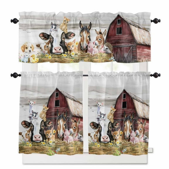 Farmhouse Animal Kitchen Curtains Valances and Tiers Set of 3, Daisy Red Barn 36 Inch Length Tier Curtains and Valance Rod Pocket Valance Curtains Set for Kitchen Bathroom Small Windows