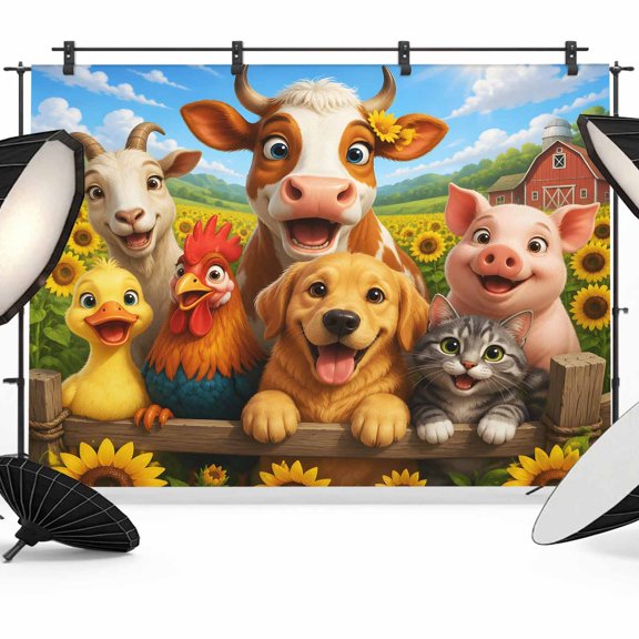 Farmhouse Animal Pattern Backdrops for Photography, Cow Puppy Duck Pig Rooster Barn Rustic Fabric Photo Background Sturdy Studio Props for Photo Studio, Video Recording, Booth & Photoshoot 7x5ft