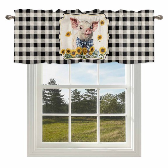 Farmhouse Animal Pig and Sunflower Valances for Windows Retro Linen Buffalo Plaid Grid Rod Pocket Curtain Valance Window Treatment Short Curtains for Kitchen Living Room,42x12in