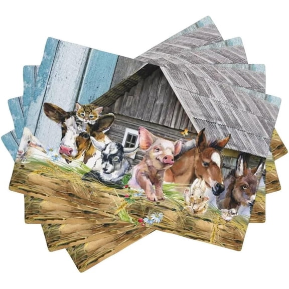 Farmhouse Animal Placemats, Rustic Farm Wooden Barn Retro Old Cabin Table Mats for Party Kitchen Dining Cafe Decoration, 12x18 Inch, 4PCS