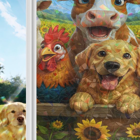 Farmhouse Animal Rainbow Window Privacy Film, Cow Puppy Duck Pig Rooster Barn Rustic Stained Glass Window Film, Sun Blocking Glass Clings Static Cling Non Adhesive Door Stickers 17.7 x 39.3 Inches